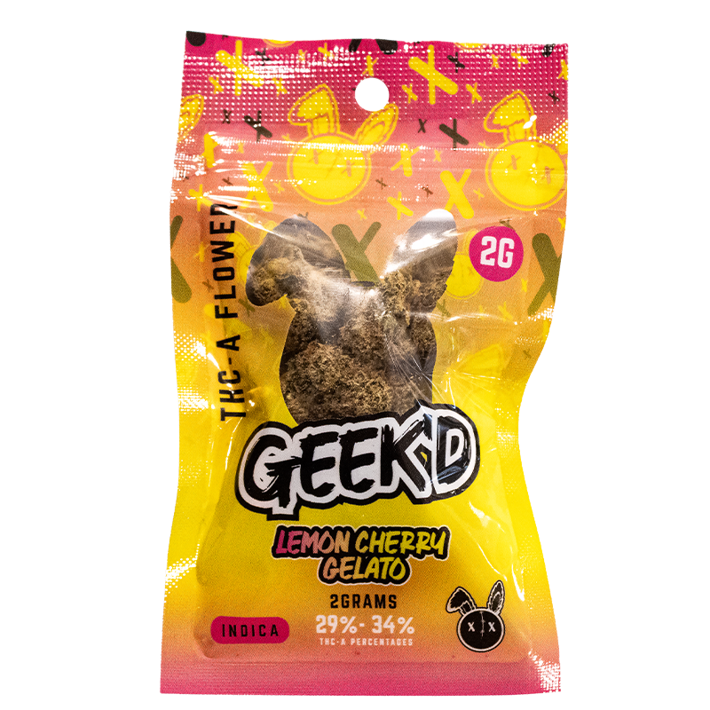 Geek’d Extracts Lemon Cherry Gelato THCA Flower 2g Bag – Front Packaging