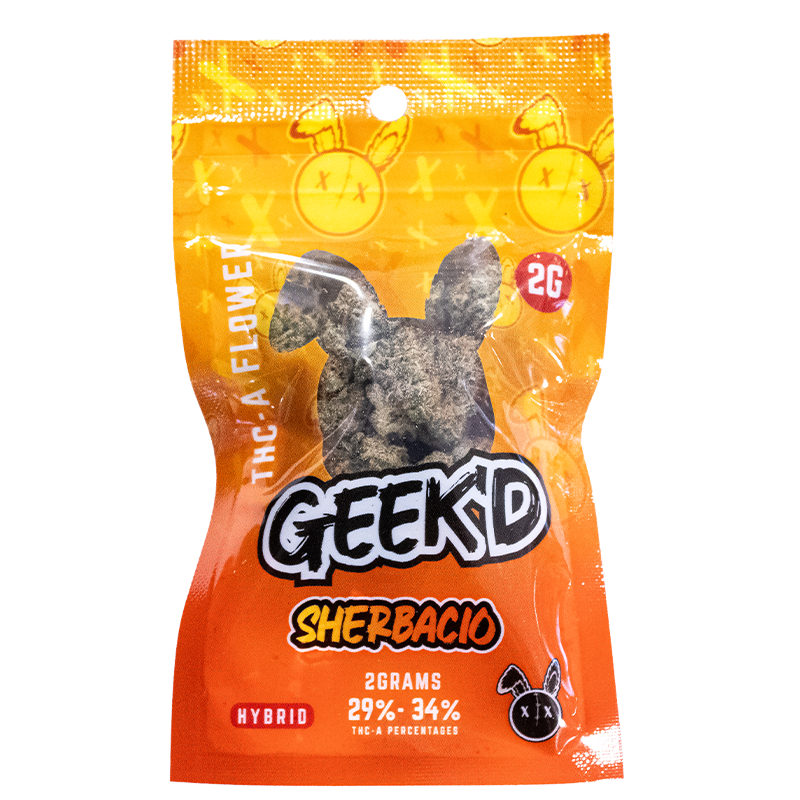 Geek’d Extracts Sherbacio THCA Flower 2g Bag – Front Packaging