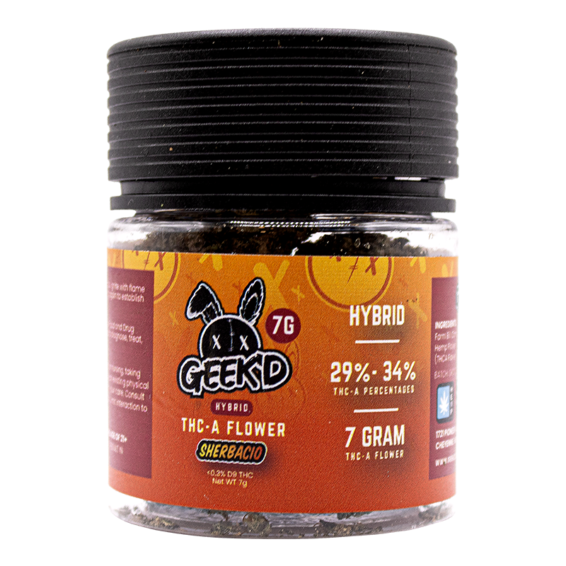 Geek’d Extracts Sherbacio THCA Flower 7g Hybrid strain packaging and buds