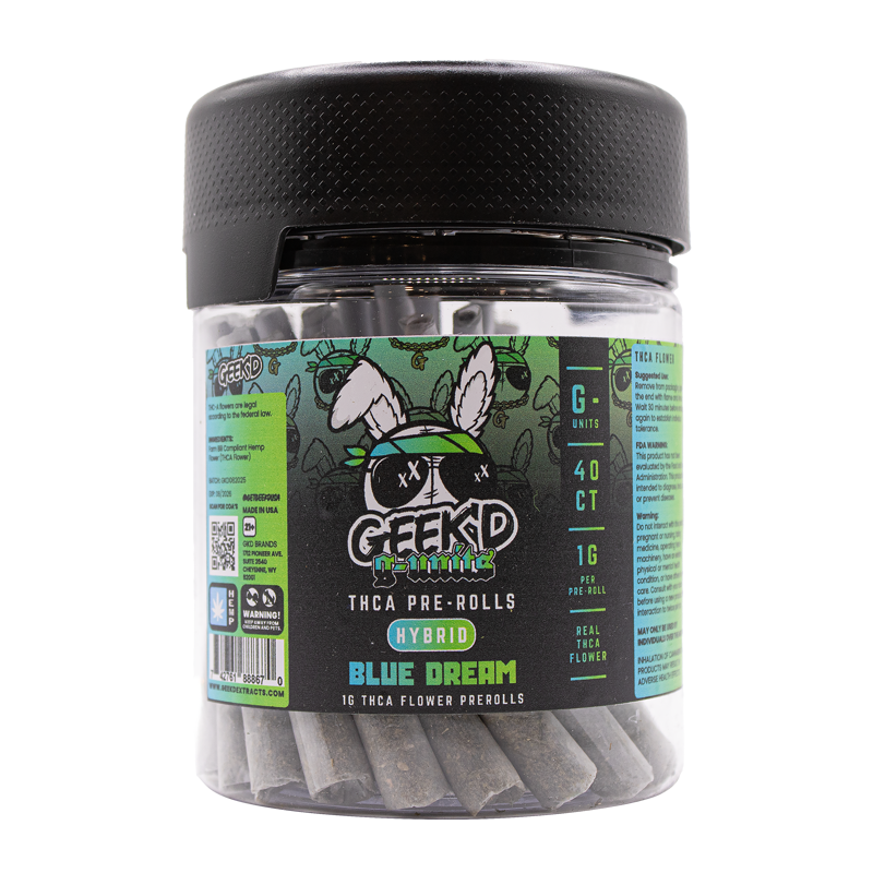 Blue Dream 40-count THCA pre-roll jar by Geek’d Extracts, blueberry-forward hybrid strain.