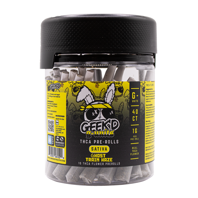 Ghost Train Haze 40-count THCA pre-roll jar by Geek’d Extracts, uplifting sativa strain with citrus and pine notes.