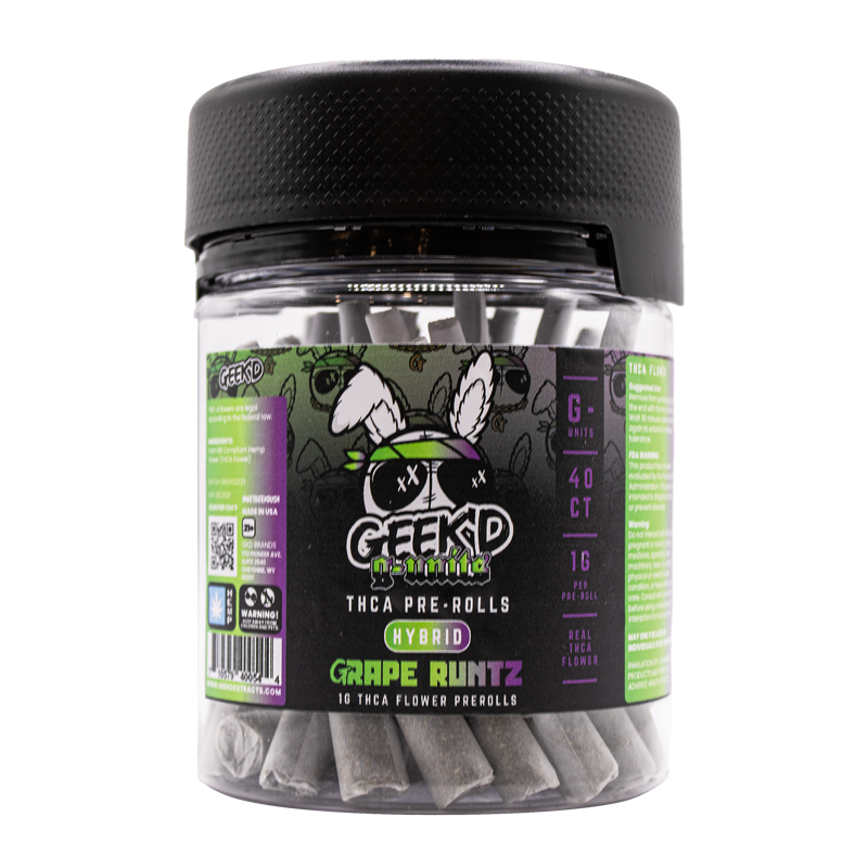 Grape Runtz 40-count THCA pre-roll jar by Geek’d Extracts, candy-grape hybrid strain.