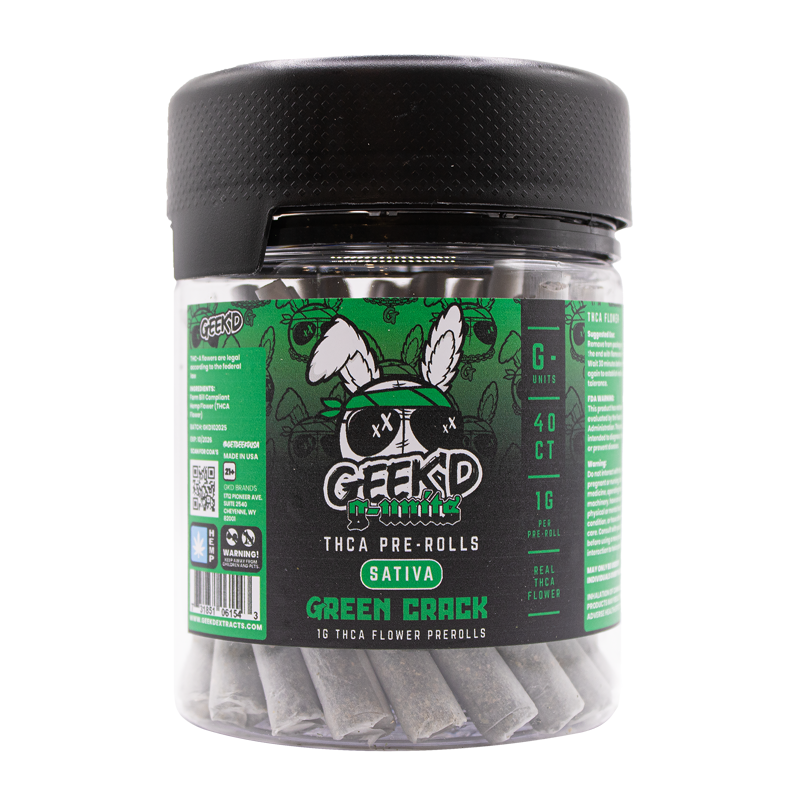 Green Crack 40-count THCA pre-roll jar by Geek’d Extracts, energizing sativa with mango and citrus aroma.
