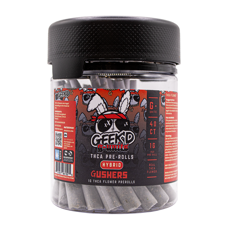 Gusherz 40-count THCA pre-roll jar by Geek’d Extracts, sweet and fruity hybrid strain.
