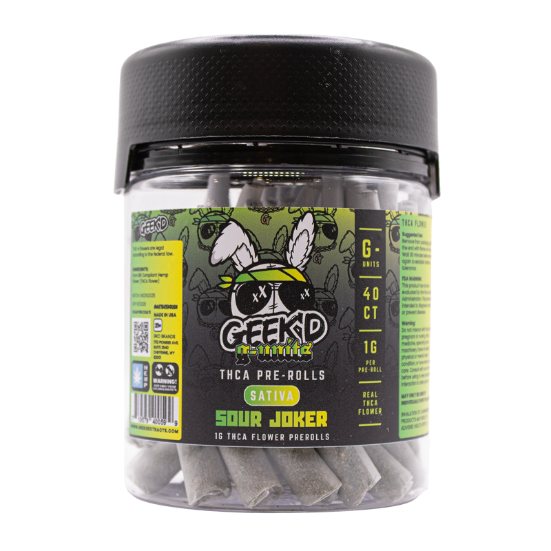 Sour Joker 40-count THCA pre-roll jar by Geek’d Extracts, sour-citrus sativa strain.