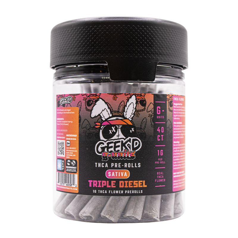 Triple Diesel 40-count THCA pre-roll jar by Geek’d Extracts, pungent diesel-forward sativa strain.
