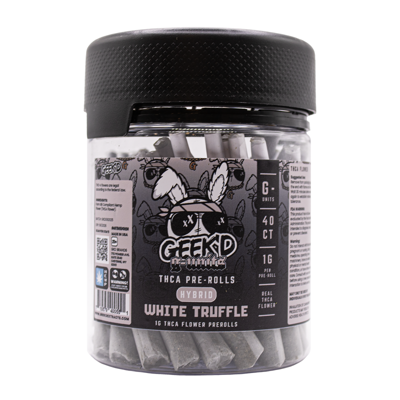 White Truffle 40-count THCA pre-roll jar by Geek’d Extracts, earthy hybrid strain known for relaxing clarity.