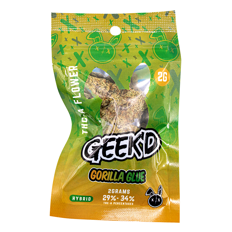 Gorilla Glue THCA flower by Geek’d Extracts in a 2 gram bag premium hybrid strain