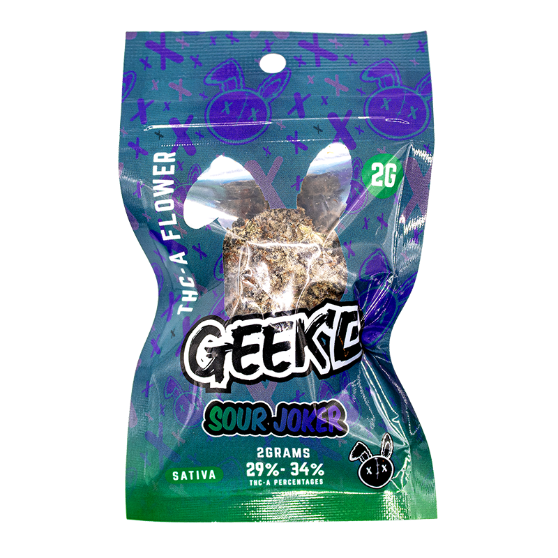 Sour Joker THCA flower by Geek’d Extracts in a 2 gram bag premium sativa strain