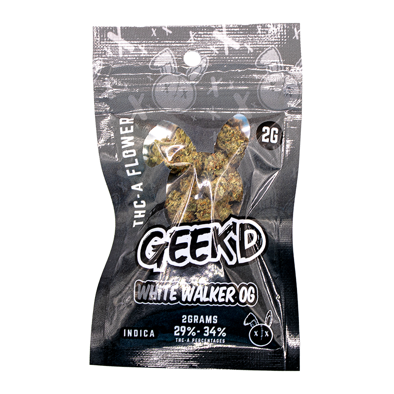 Whitewalker OG THCA flower by Geek’d Extracts in a 2 gram bag premium indica strain